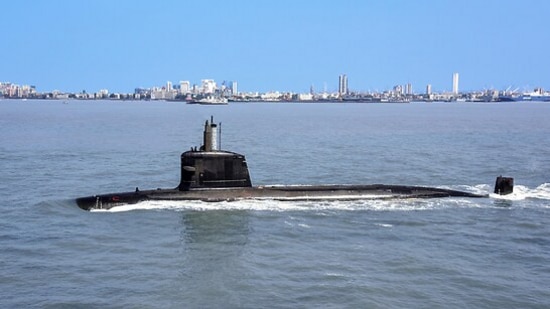 Indian Navy's Scorpene class diesel attack submarine patrolling waters outside Mumbai harbour.