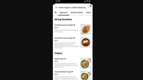 The image shows a restaurant in the US sellind dosa as ‘Naked Crepe’ for around <span class='webrupee'>₹</span>1400.(Twitter/@inika__)
