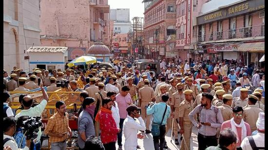 Police personnel deployed outside Gyanvapi Masjid over a survey of the mosque in connection with the Shringar Gauri worship case, in Varanasi. (ANI File Photo)