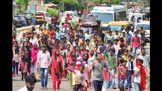 The girl’s relatives protesting in Ludhiana on Tuesday. (Harvinder Singh/HT)