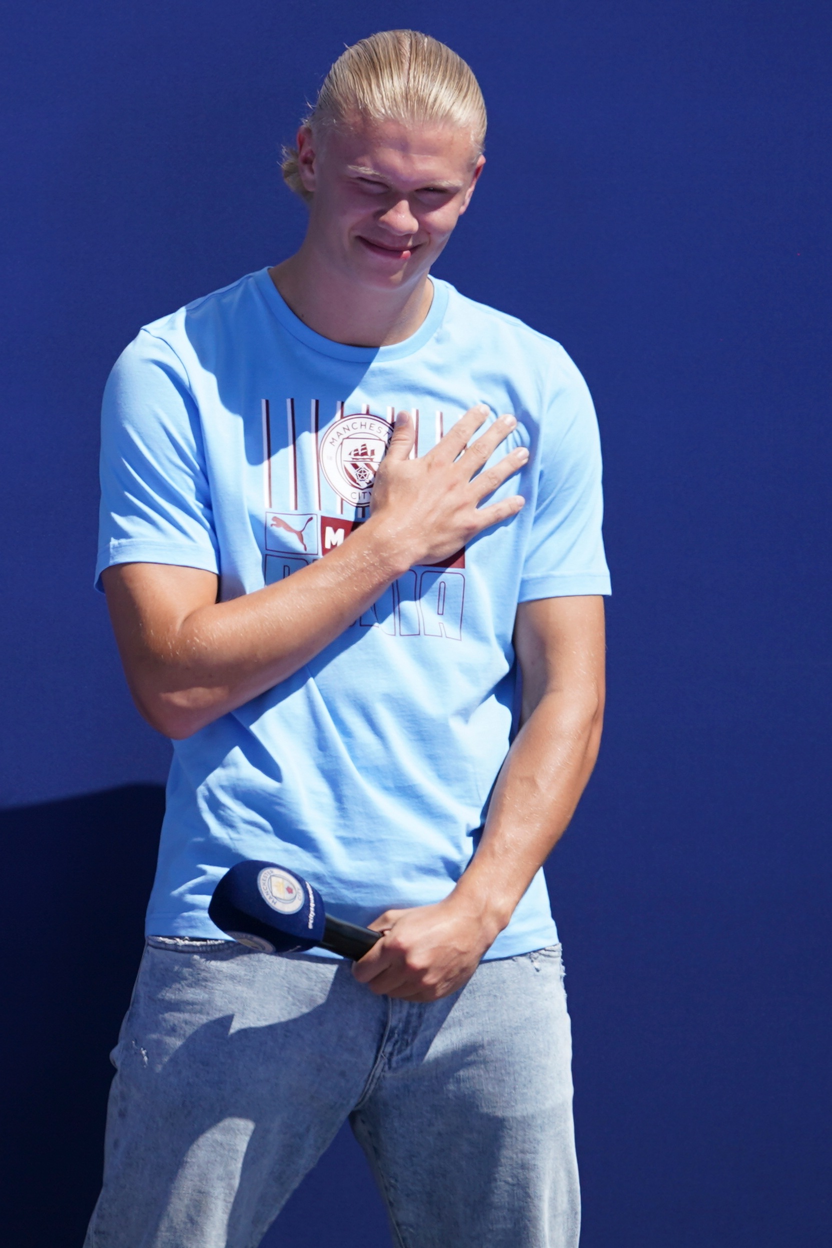 Erling Haaland greets fans during Manchester City's new signings presentation, (AP) Erling Haaland greets fans during Manchester City's new signings presentation, (AP)