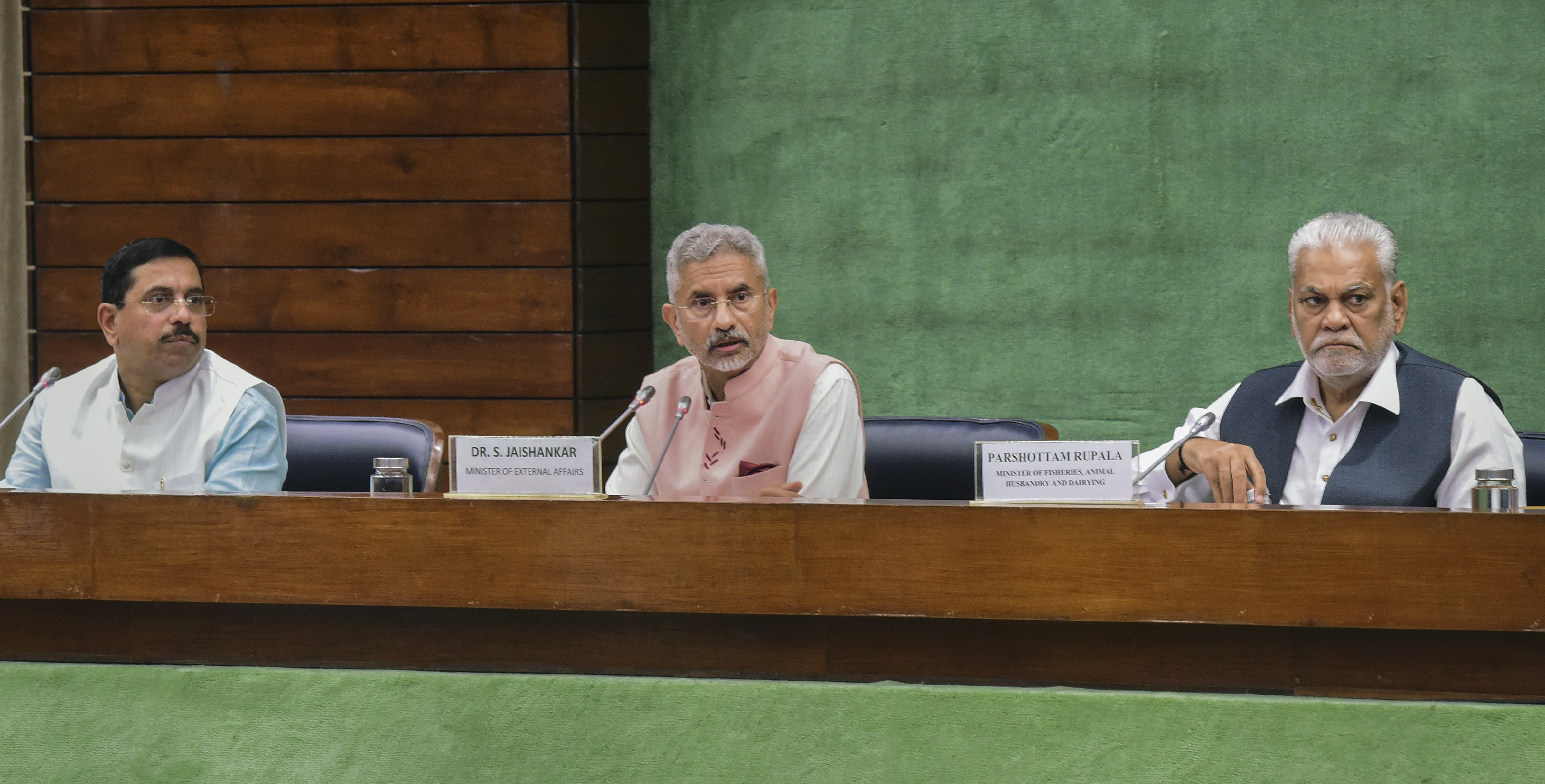 External affairs minister S. Jaishankar with Union ministers Pralhad Joshi and Parshottam Rupala during a meeting with on Sri Lanka on Tuesday.(PTI)