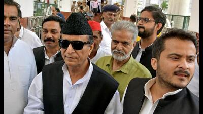 Samajwadi Party MLA Azam Khan with his son Abdullah Azam coming out after casting vote for the Presidential election at the Tilak Hall, UP Vidhan Bhavan, in Lucknow on Monday. (ANI Photo) Samajwadi Party MLA Azam Khan with his son Abdullah Azam coming out after casting vote for the Presidential election at the Tilak Hall, UP Vidhan Bhavan, in Lucknow on Monday. (ANI Photo)