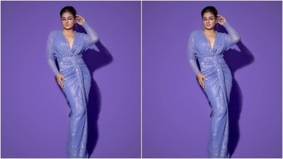 Raveena’s lilac shimmery gown featured embellishments in silver resham threads. Featuring a plunging neckline, the gown cascaded with bodycon details and full sleeves. (Instagram/@officialraveenatandon)