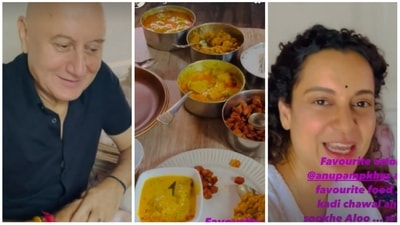 Anupam Kher gave a treat to Kangana Ranaut on sets of Emergency. Anupam Kher gave a treat to Kangana Ranaut on sets of Emergency. 