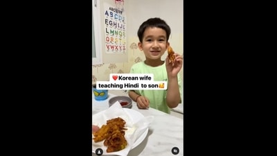 The Korean woman is seen teaching her son Hindi and it's adorable to watch. (premkimforever/Instagram ) The Korean woman is seen teaching her son Hindi and it's adorable to watch. (premkimforever/Instagram )