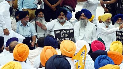 SAD chief Sukhbir Badal speaks during a dharna for the release of Sikh prisoners, in New Delhi on Wednesday. (ANI Photo)