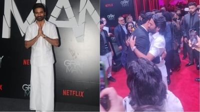 Dhanush attended The Gray Man screening in ethnic wear and also hugged Vicky Kaushal. Dhanush attended The Gray Man screening in ethnic wear and also hugged Vicky Kaushal.