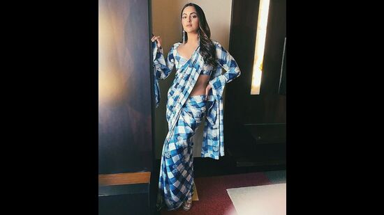 Sonakshi Sinha in a blue and white checkered saree (Photo: Instagram)