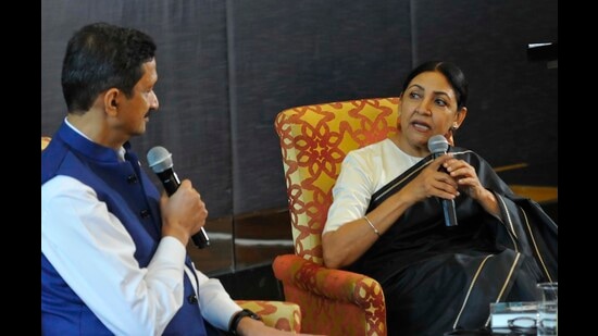 Veteran actor-writer Deepti Naval in conversation with former IAS officer Vivek Atray on her book, A Country Called Childhood, at Taj Chandigarh on Wednesday. (Photos: Keshav Singh/HT)