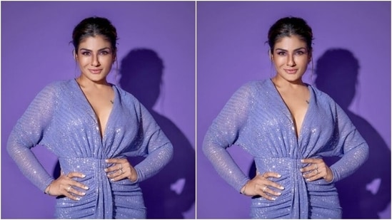 Raveena played muse to fashion designer Neetu Rohra and chose a lilac shimmering gown for the award ceremony.(Instagram/@officialraveenatandon)