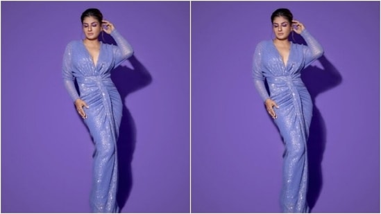 Raveena’s lilac shimmery gown featured embellishments in silver resham threads. Featuring a plunging neckline, the gown cascaded with bodycon details and full sleeves.(Instagram/@officialraveenatandon)
