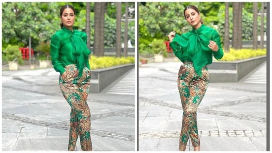 Hina Khan has lately been in the limelight for all the right reasons. Time and again, the actor proved she has a strong fashion game and has never failed to make her fans gush over her wardrobe choices which she has been levelling up day by day. In her latest social media stills, the Lines actor was seen raising the elegant quotient in a green top and printed trousers.(Instagram/@realhinakhan)