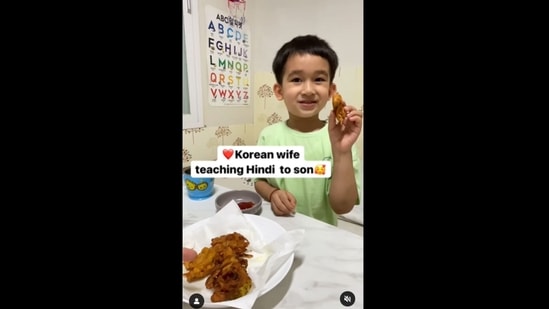 The Korean woman is seen teaching her son Hindi and it's adorable to watch.&nbsp;(premkimforever/Instagram )