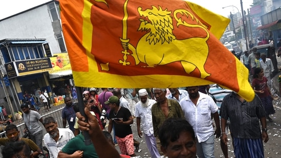 A man holds up Sri Lankan flag out of joy.(AFP)