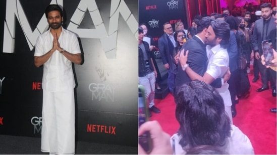 Dhanush attended The Gray Man screening in ethnic wear and also hugged Vicky Kaushal.