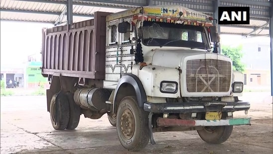 The dump truck that ran over and killed Haryana DSP Surender Singh late Monday night/early Tuesday morning in Pachgaon area of Nuh district. (Credit: ANI)