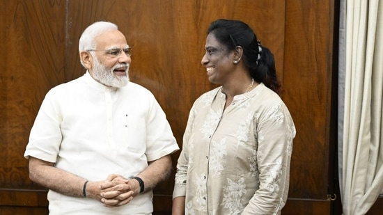 Prime Minister Narendra Modi meets newly sworn in Rajya Sabha member PT Usha on Wednesday, July 20, 2022. (Narendra Modi/Twitter)