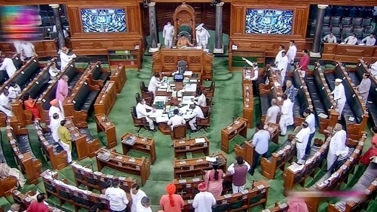 Members in the Lok Sabha during Monsoon Session of Parliament in New Delhi on Tuesday (PTI/Video grab)