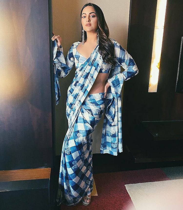 Sonakshi Sinha in a blue and white checkered saree (Photo: Instagram)