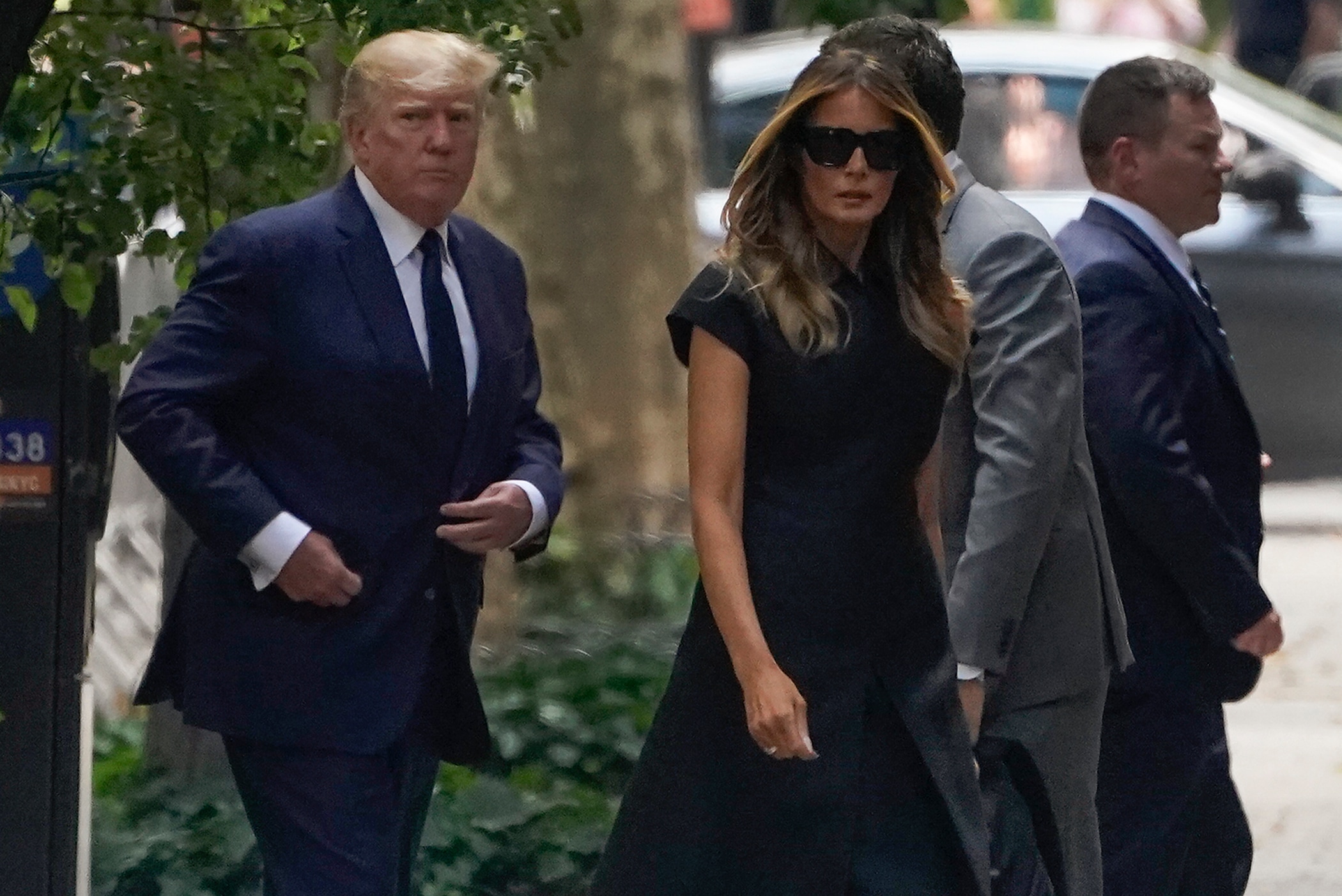 Former President Donald Trump, left, arrives with Melania Trump for the funeral of Ivana Trump, Wednesday, July 20, 2022, in New York. (AP) Former President Donald Trump, left, arrives with Melania Trump for the funeral of Ivana Trump, Wednesday, July 20, 2022, in New York. (AP)