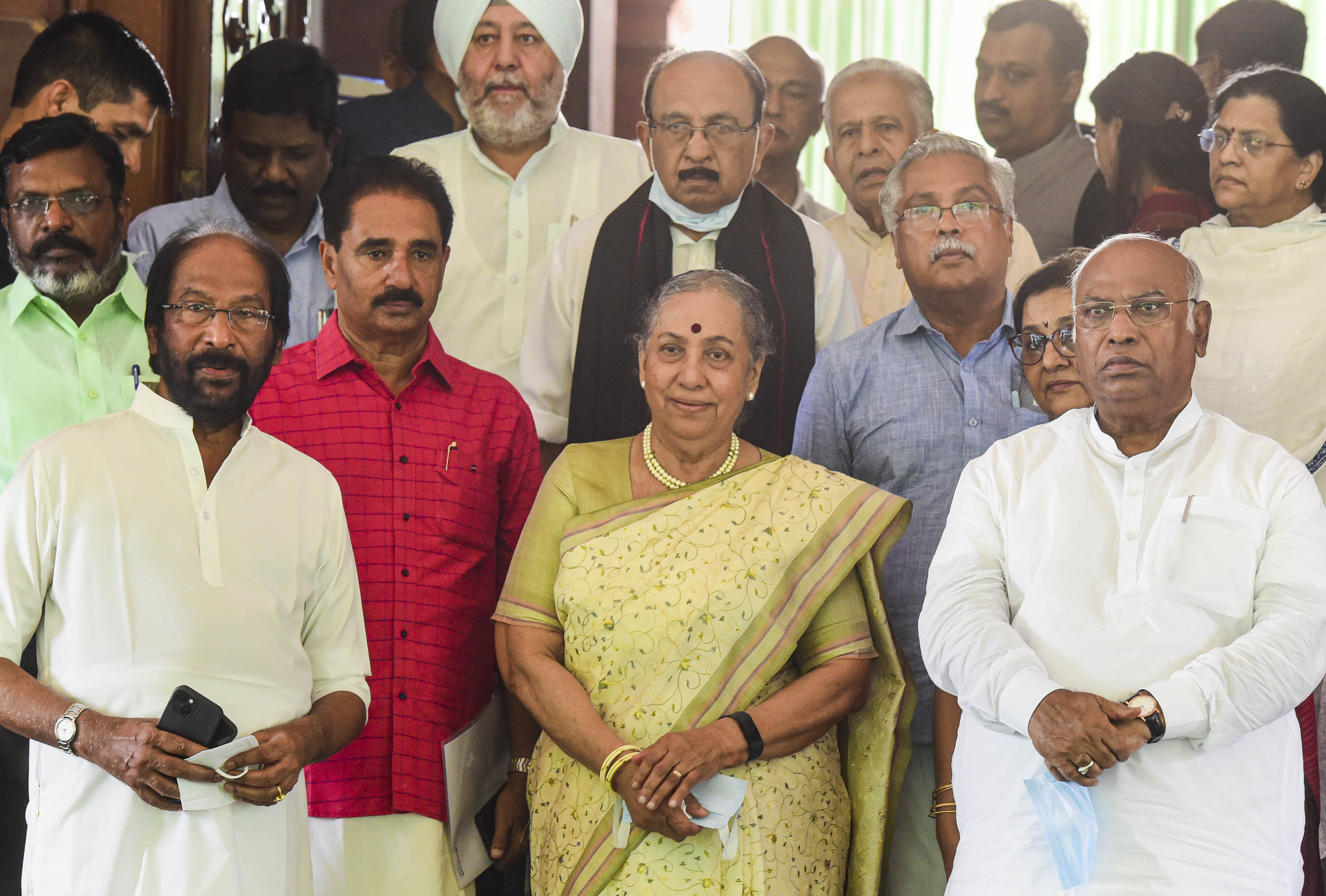 &nbsp;Margaret Alva with Mallikarjun Kharge, Tiruchi Siva, Vaiko and other opposition leaders after filing her nomination papers at Parliament House, in New Delhi. (PTI)