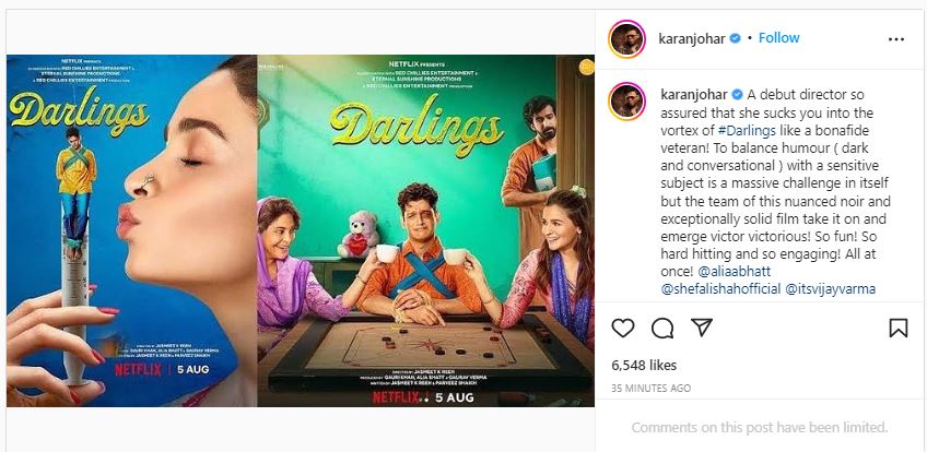 Karan Johar shared a picture collage of Darlings poster.