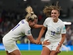 England's Georgia Stanway, right, celebrates with Lauren Hemp after scoring her side's second goal during the Women Euro 2022 quarter final soccer match between England and Spain at the Falmer stadium in Brighton, Wednesday(AP) England's Georgia Stanway, right, celebrates with Lauren Hemp after scoring her side's second goal during the Women Euro 2022 quarter final soccer match between England and Spain at the Falmer stadium in Brighton, Wednesday(AP)
