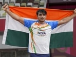 Neeraj Chopra, of India, celebrates after winning the gold medal in the men's javelin throw final at the 2020 Summer Olympics Neeraj Chopra, of India, celebrates after winning the gold medal in the men's javelin throw final at the 2020 Summer Olympics