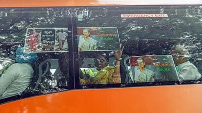 Congress leaders going to party Headquarters from Parliament by bus during a protest against the questioning of interim president Sonia Gandhi by the Enforcement Directorate on Thursday. (ANI Photo) Congress leaders going to party Headquarters from Parliament by bus during a protest against the questioning of interim president Sonia Gandhi by the Enforcement Directorate on Thursday. (ANI Photo)