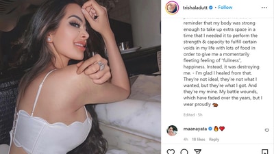 Trishala Dutt, who likes staying away from the limelight, showed off the stretch marks on her arms and wrote, "My stretch marks are a sign that once upon a time, my body was growing faster &amp; simultaneously where my skin failed to catch up with it’s growth that now has left permanent tears/scars." (Instagram/@trishaladutt)