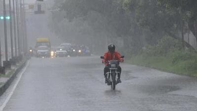 Commuters braving the downpour on the road dividing Sectors 33 and 45 in Chandigarh on Thursday morning. (Keshav Singh/HT) Commuters braving the downpour on the road dividing Sectors 33 and 45 in Chandigarh on Thursday morning. (Keshav Singh/HT)