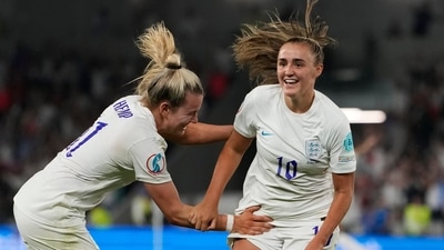 England's Georgia Stanway, right, celebrates with Lauren Hemp after scoring her side's second goal during the Women Euro 2022 quarter final soccer match between England and Spain at the Falmer stadium in Brighton, Wednesday (AP) England's Georgia Stanway, right, celebrates with Lauren Hemp after scoring her side's second goal during the Women Euro 2022 quarter final soccer match between England and Spain at the Falmer stadium in Brighton, Wednesday (AP)