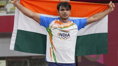 Neeraj Chopra, of India, celebrates after winning the gold medal in the men's javelin throw final at the 2020 Summer Olympics (AP) Neeraj Chopra, of India, celebrates after winning the gold medal in the men's javelin throw final at the 2020 Summer Olympics (AP)