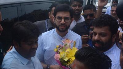 Thane, India - July 21, 2022: Shiv Sena workers welcome Aaditya Thackeray at Anand Nagar Check Naka while on his way to address a gathering of Shiv Sainiks during his Shiv Samvad Yatra at Shahapur, in Thane, Mumbai, India, on Thursday, July 21, 2022. (Praful Gangurde/HT Photo) (HT PHOTO) Thane, India - July 21, 2022: Shiv Sena workers welcome Aaditya Thackeray at Anand Nagar Check Naka while on his way to address a gathering of Shiv Sainiks during his Shiv Samvad Yatra at Shahapur, in Thane, Mumbai, India, on Thursday, July 21, 2022. (Praful Gangurde/HT Photo) (HT PHOTO)