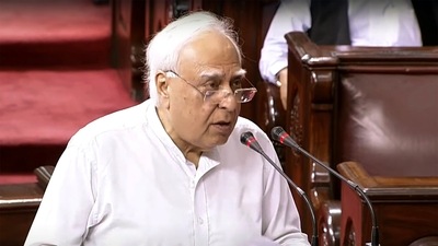 Kapil Sibal takes oath as Rajya Sabha MP on the first day of the Monsoon Session of Parliament, in New Delhi on Monday. (ANI)