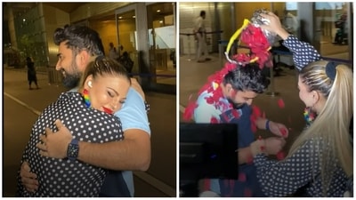 Rakhi Sawant didn't let go of Adil Khan upon his arrival at Mumbai airport. (Varinder Chawla) Rakhi Sawant didn't let go of Adil Khan upon his arrival at Mumbai airport. (Varinder Chawla)