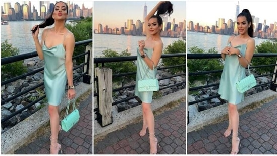 Trishala Dutt earlier left netizens spellbound with her toned body. Sharing a slew of photos in a mint green short slip dress, she wrote, “that playful side of me'” along with a rainbow emoji.&nbsp;(Instagram/@trishaladutt)