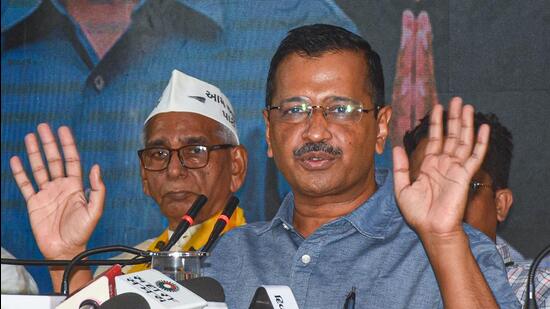 Delhi chief minister and AAP convener Arvind Kejriwal addresses media during a press conference ahead of Gujarat assembly elections, in Surat on Thursday. (PTI)