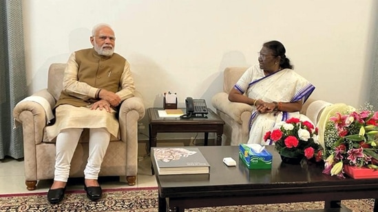 Prime Minister Narendra Modi with NDA Presidential candidate Droupadi Murmu, who is set to be the first tribal woman President of India, in New Delhi, Thursday,&nbsp;(PTI)