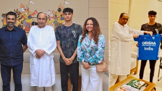 Odisha CM Naveen Patnaik meets R Madhavan, his wife Sarita Birje and son Vedaant Madhavan.