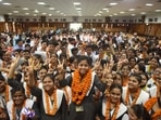 Students celebrate their success in the CBSE board result at RLB school in Lucknow.