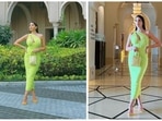 The Moroccan beauty set the temperature soaring as she stepped out in this pastel green midi body-hugging cut-out one-shoulder. She teamed her look with a small shimmery handbag and yellow stilettoes.(Instagram/@norafatehi)