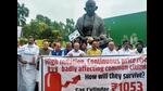 Opposition leaders protest over rising inflation near Mahatma Gandhi's statue at the Parliament in New Delhi on Friday. (ANI Photo) Opposition leaders protest over rising inflation near Mahatma Gandhi's statue at the Parliament in New Delhi on Friday. (ANI Photo)
