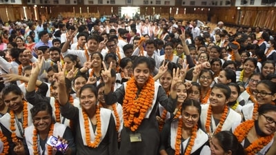 Students celebrate their success in the CBSE board result at RLB school in Lucknow. Students celebrate their success in the CBSE board result at RLB school in Lucknow.