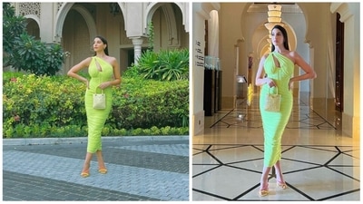 The Moroccan beauty set the temperature soaring as she stepped out in this pastel green midi body-hugging cut-out one-shoulder. She teamed her look with a small shimmery handbag and yellow stilettoes. (Instagram/@norafatehi) The Moroccan beauty set the temperature soaring as she stepped out in this pastel green midi body-hugging cut-out one-shoulder. She teamed her look with a small shimmery handbag and yellow stilettoes. (Instagram/@norafatehi)