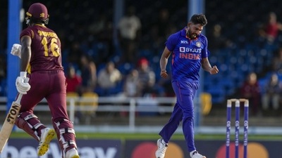 India's Mohammed Siraj celebrates after bowling the last ball against West Indies in the first ODI (AP) India's Mohammed Siraj celebrates after bowling the last ball against West Indies in the first ODI (AP)