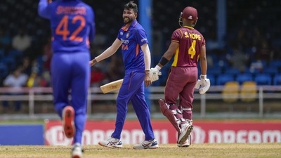 India's Mohammed Siraj celebrates taking the wicket of West Indies' Shai Hope during the first ODI (AP) India's Mohammed Siraj celebrates taking the wicket of West Indies' Shai Hope during the first ODI (AP)