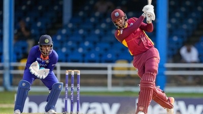 West Indies' Brandon King hits a six from a delivery of India's Axar Patel during the first ODI (AP) West Indies' Brandon King hits a six from a delivery of India's Axar Patel during the first ODI (AP)