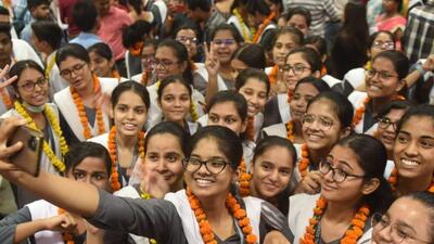 Students celebrating their success in CBSE board result at RLB school in Lucknow. (Photo by Deepak Gupta | HT)
